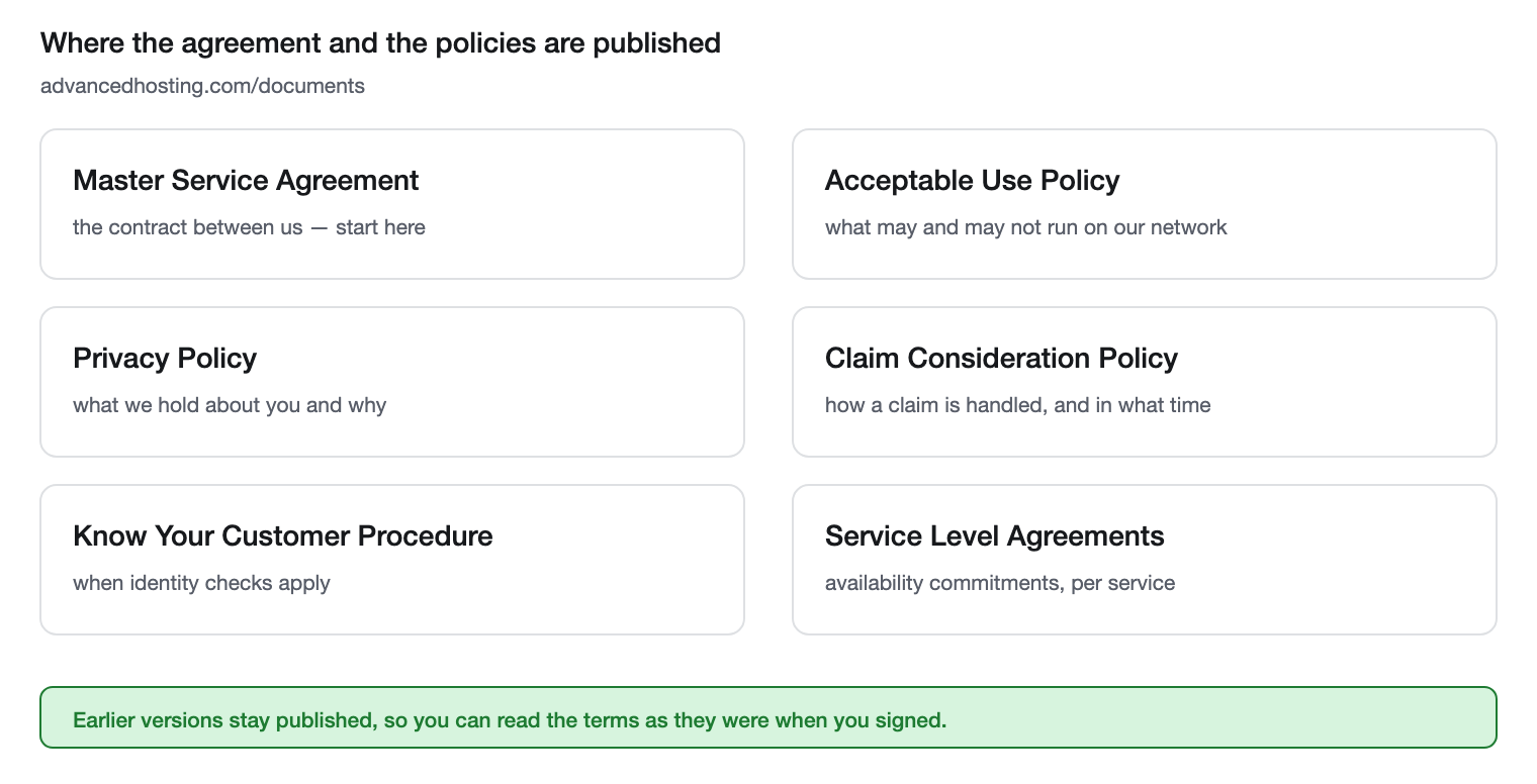 The documents published at advancedhosting.com/documents: the Master Service Agreement, Acceptable Use Policy, Privacy Policy, Claim Consideration Policy, Know Your Customer Procedure and the service level agreements